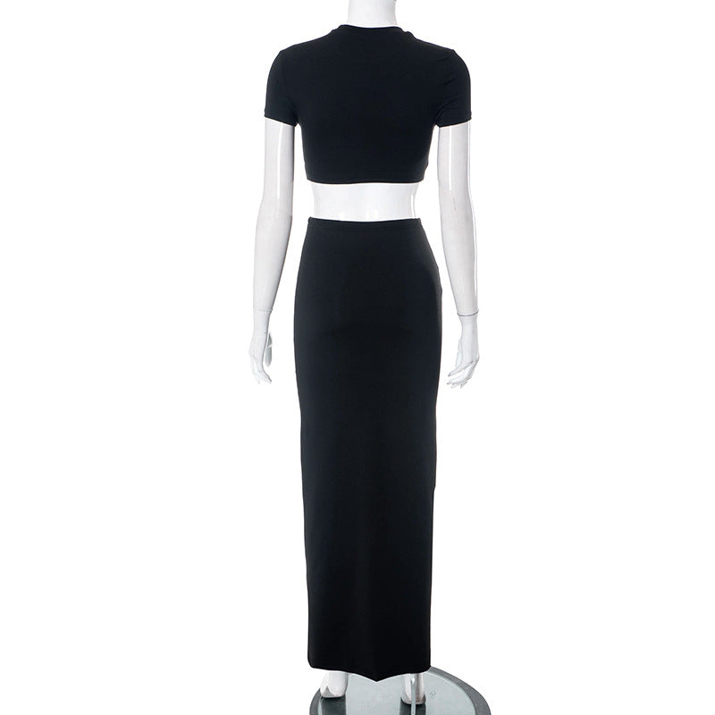 Women's Spring Solid Short Sleeve Crop Two Piece Skirt Set 48