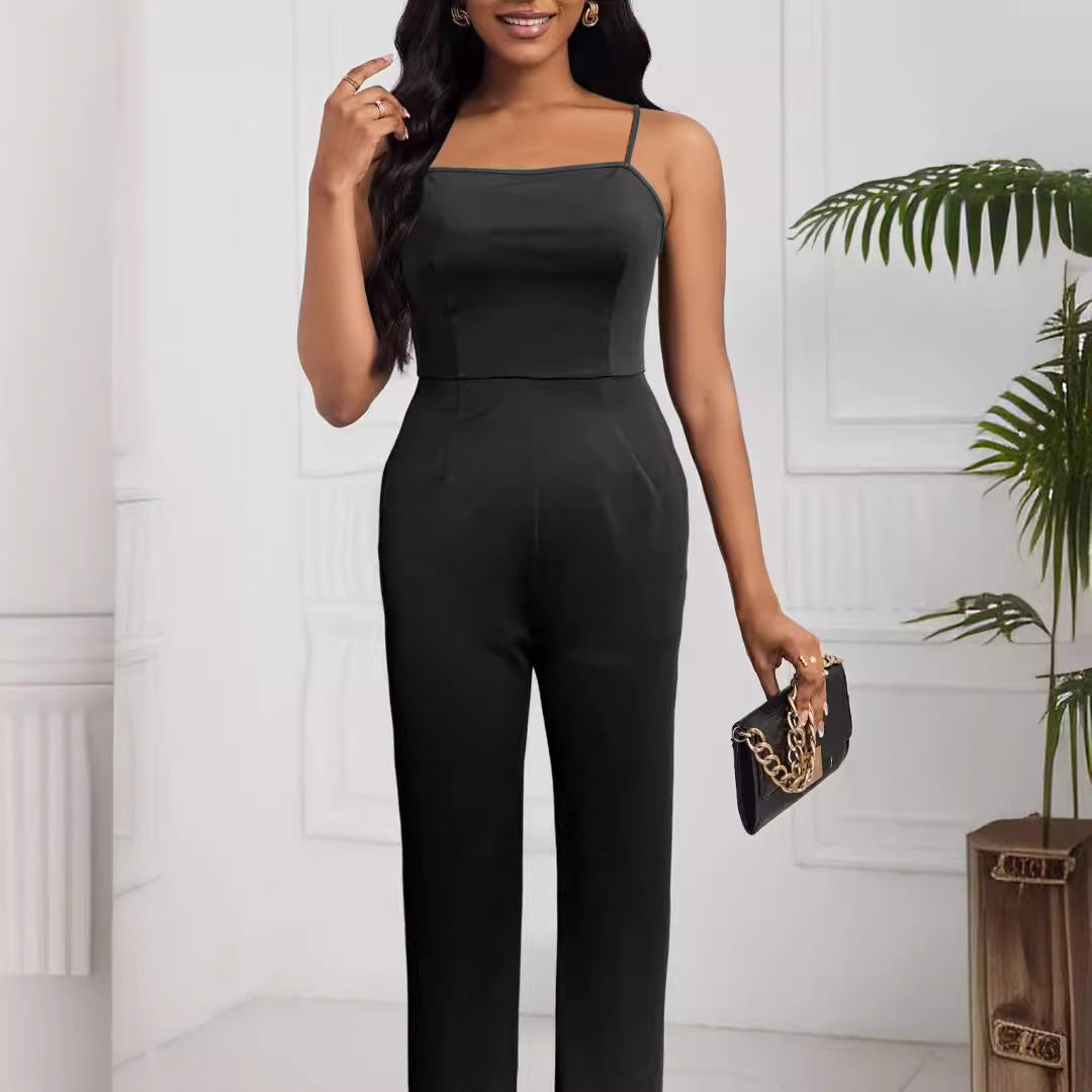 Stylish Solid Color Long Jacket Strap Jumpsuit Two-Piece Set 5