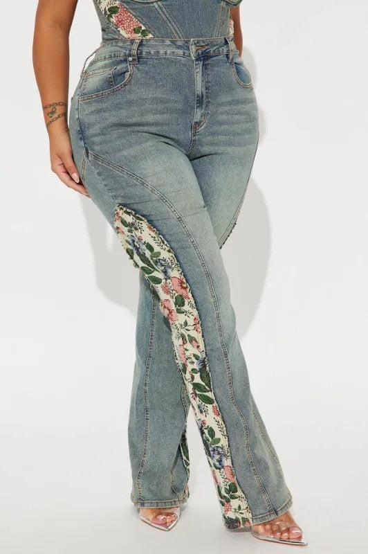 Patchwork Floral Denim Bell Bottom Pants