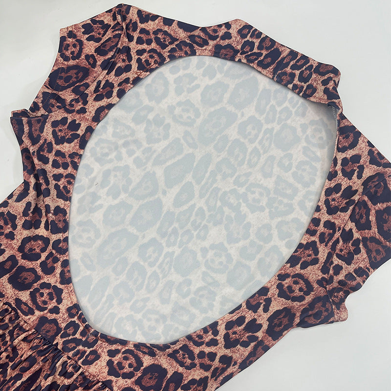 Women's Spring Leopard Print Round Neck Pleated Slim Sexy Low-Back Dress 12