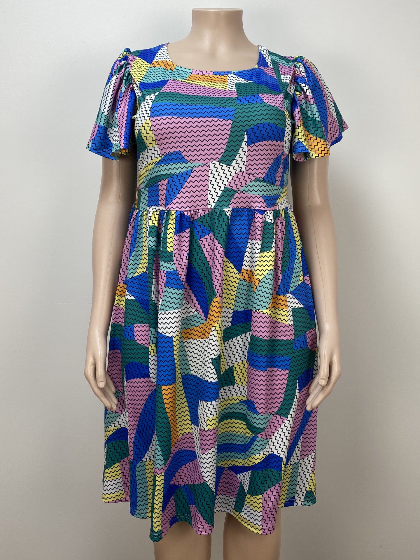 Fashionable Summer Multi-Color Square Neck Bat Sleeves Plus Size Dress 3