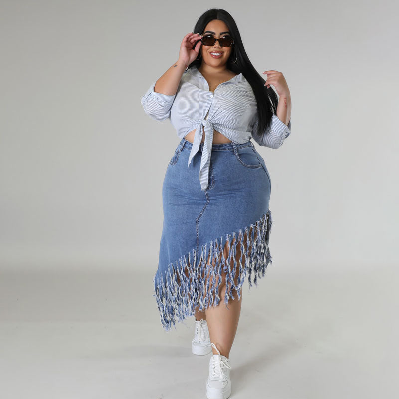 Plus Size Women Fringe Denim Skirt 6