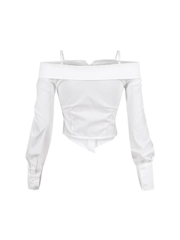 Women Turndown Collar Shirt Long-Sleeved Off-Shoulder Shirt 5