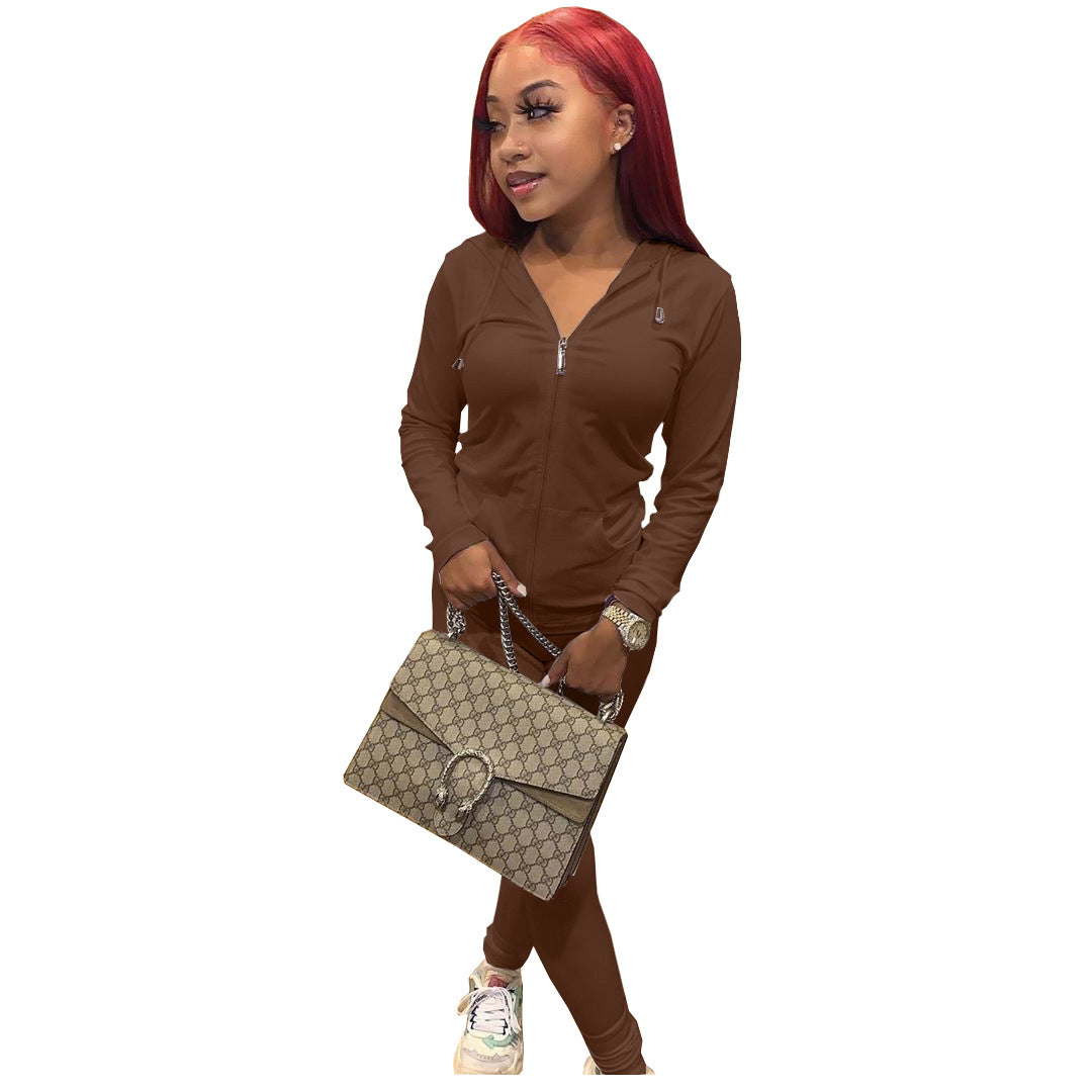 Women Summer Sports Hooded Full Sleeves Solid Pockets Regular Two Piece Pants Set 46