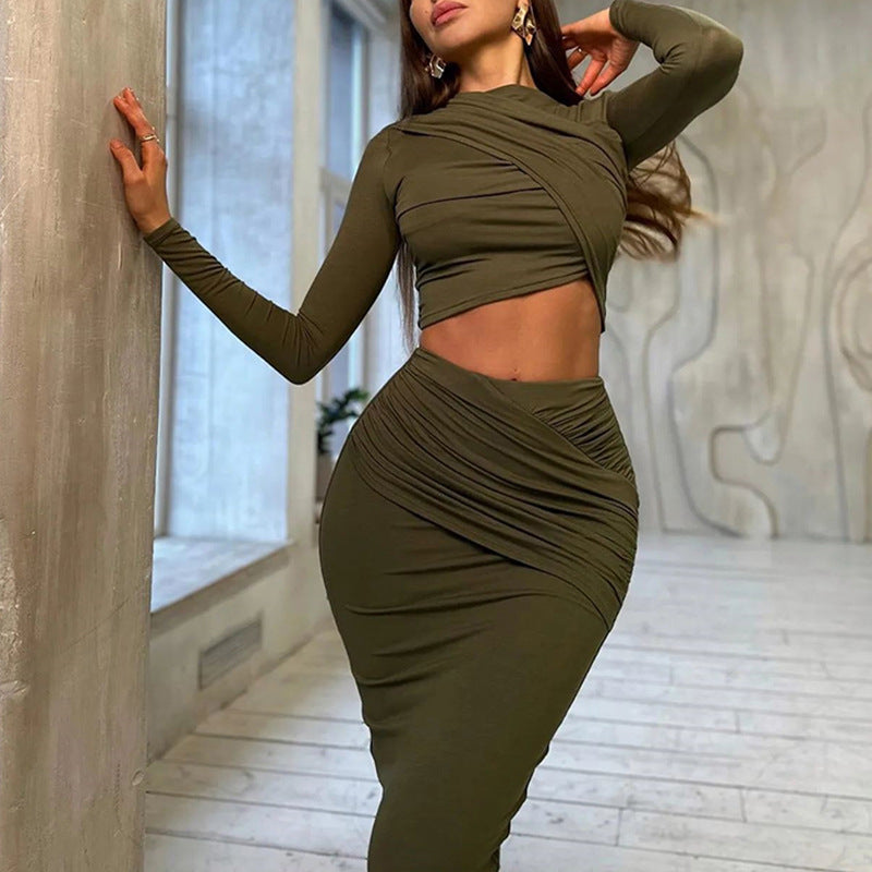 Solid Color Round Neck Irregular Long Sleeve Crop Top Slim Long Skirt Two Piece Set 7