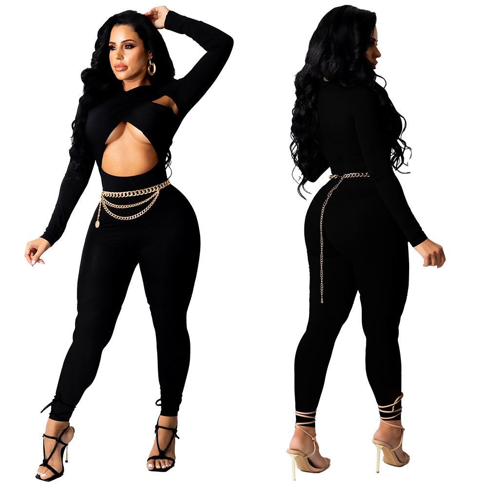 Fall/Winter Sexy Crossover Lace-Up Solid Jumpsuit 8