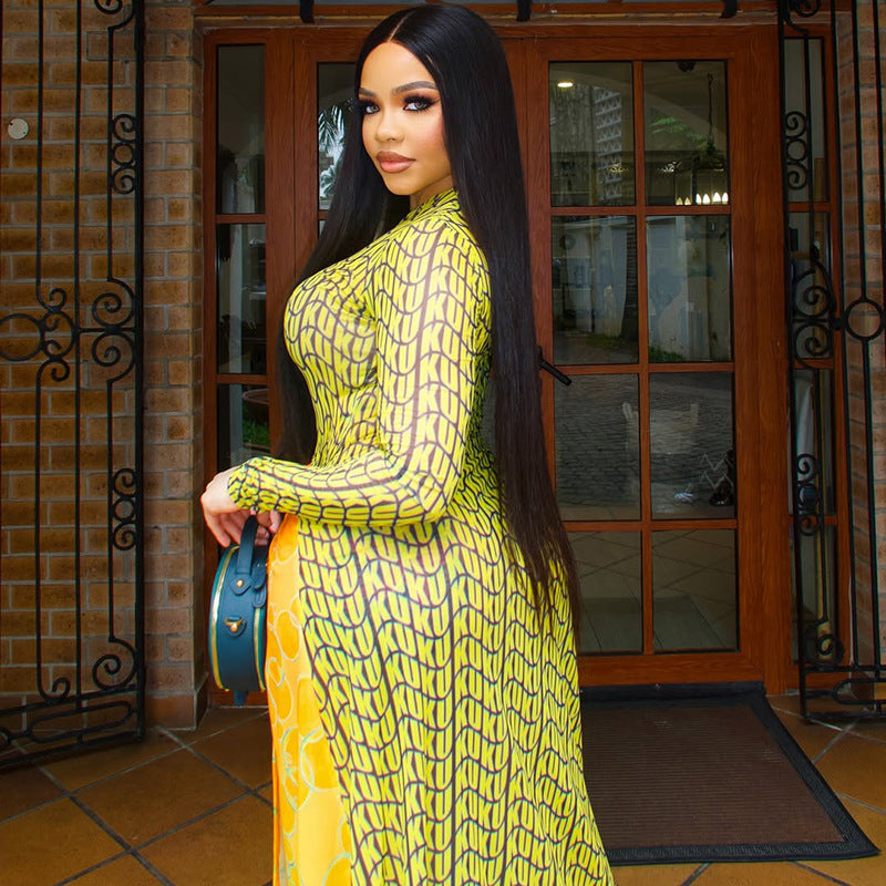 Fashion Patchwork Women's Printed Ruched Round Neck Long Sleeve Slit Dress 4