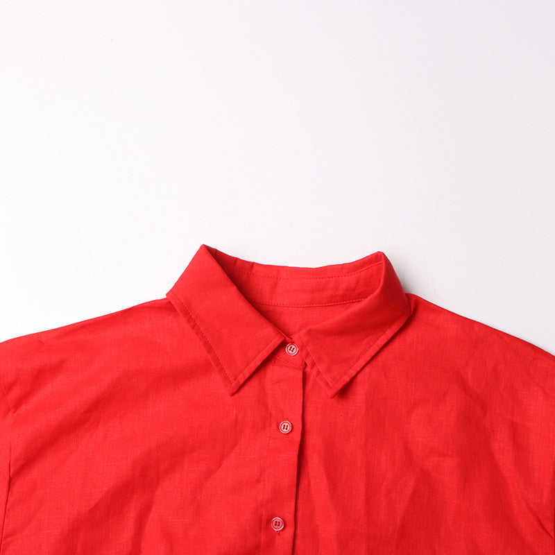 Women Turndown Collar long sleeve solid shirt Top and Casual shorts two-piece set 27