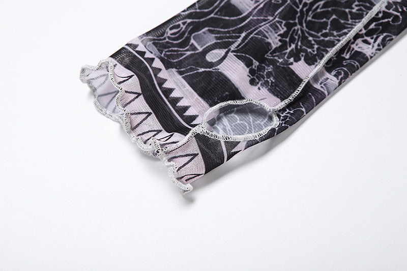 Women sexy mesh See-Through printed Top and high-waisted Casual trousers two-piece set 15