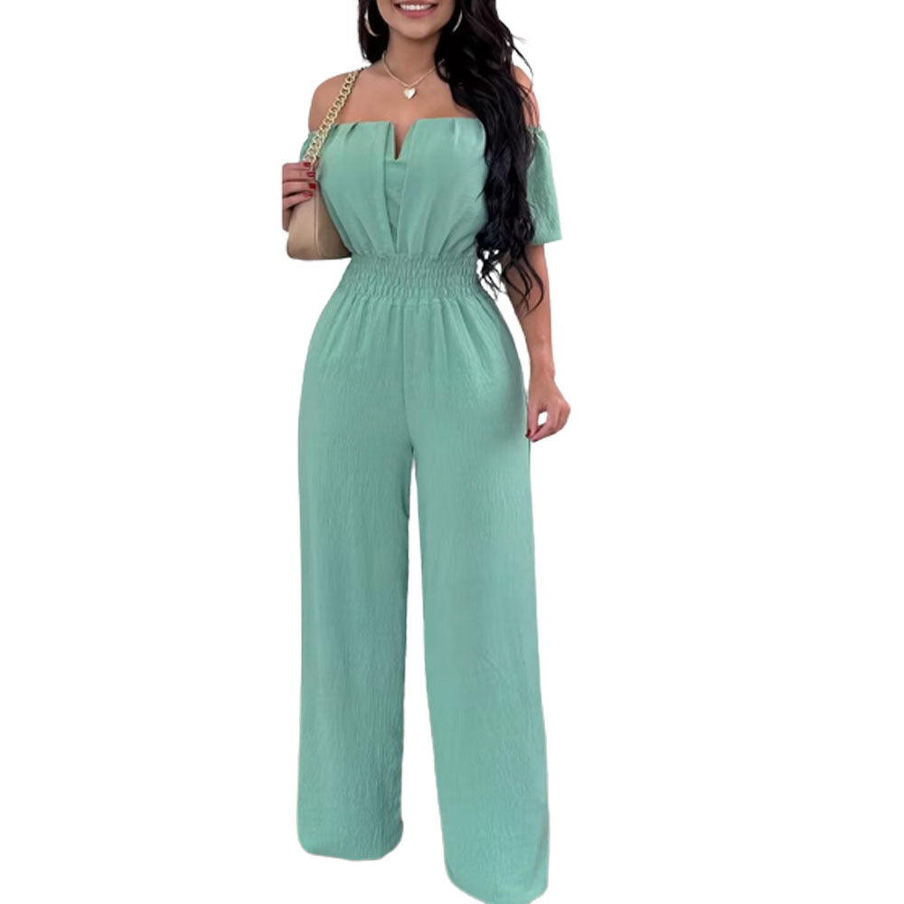 Women Off Shoulder V Neck Loose Straight Jumpsuit 18