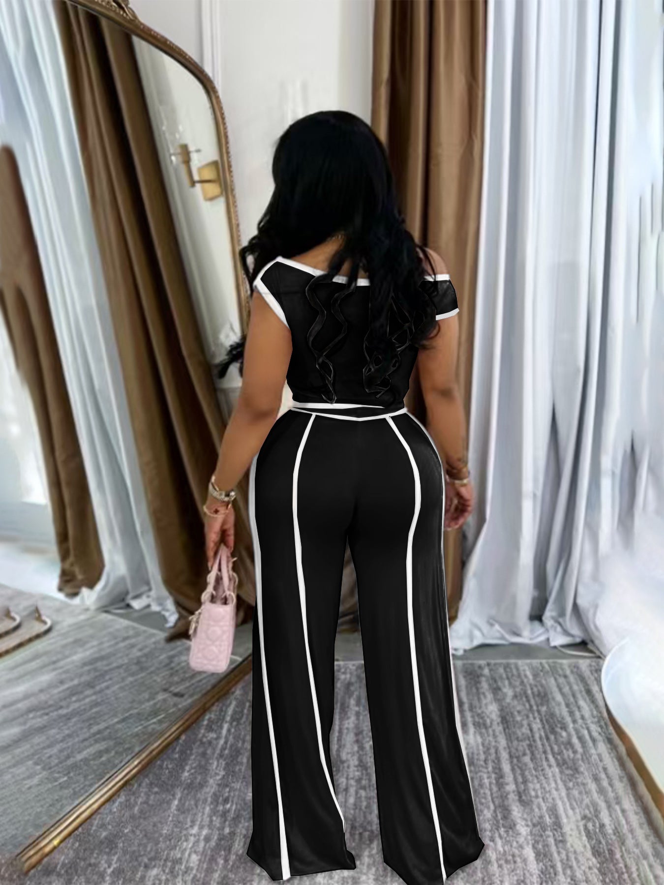 Women Summer Casual Off Shoulder Top and Long Pants Two Piece Set 10