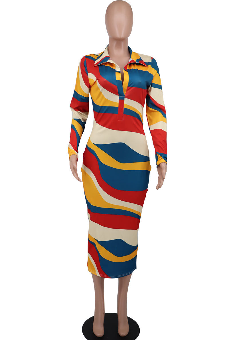 Women Long Sleeve Printed Bodycon Maxi Dress 12
