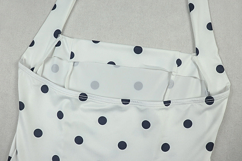 Women Black and White Polka Dot Pleated Halter Neck Sleeveless Dress 14