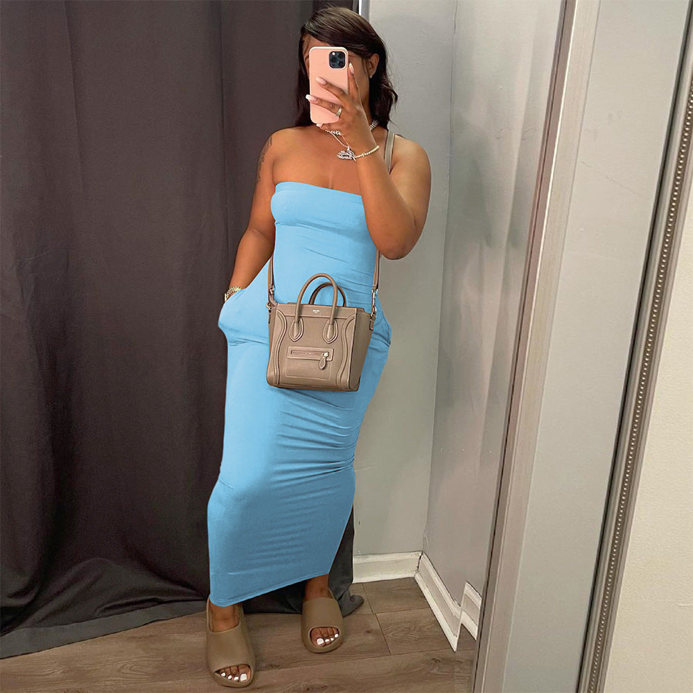 Women's Sexy Solid Color Strapless Dress Fashion Chic Long Dress 5