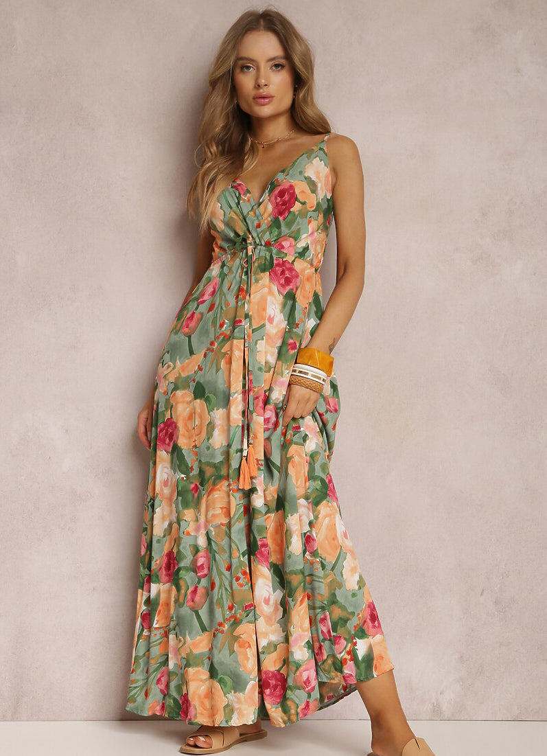 Spring Summer Women's Fashion Printed Sexy Strap Deep V Neck Low Back Long Dress 4