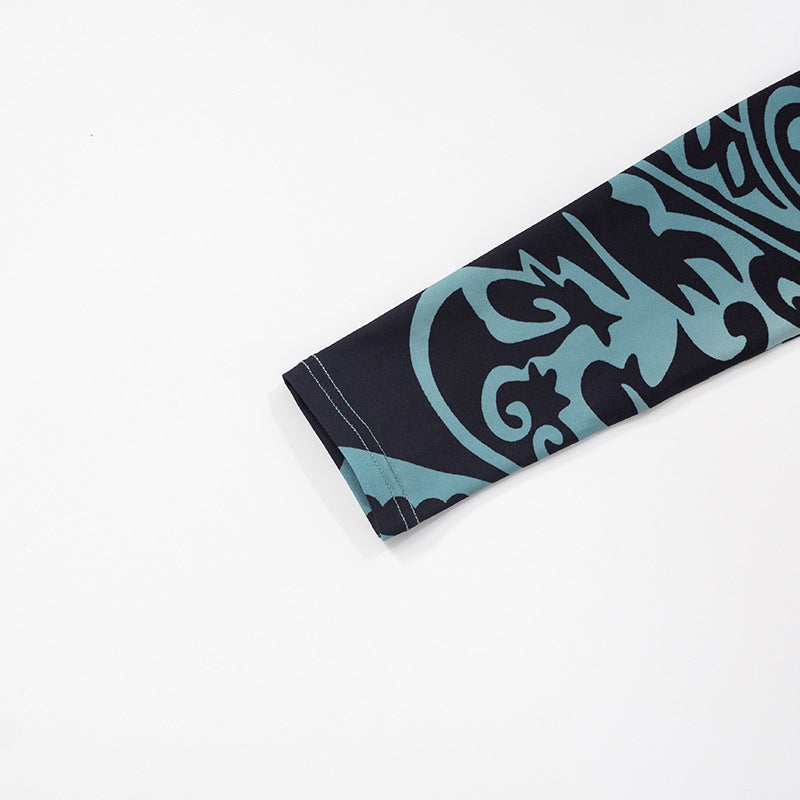 Women Spring and Summer Off Shoulder Printed Long Sleeve Bodysuit Mesh See-Through Two-piece Set 12