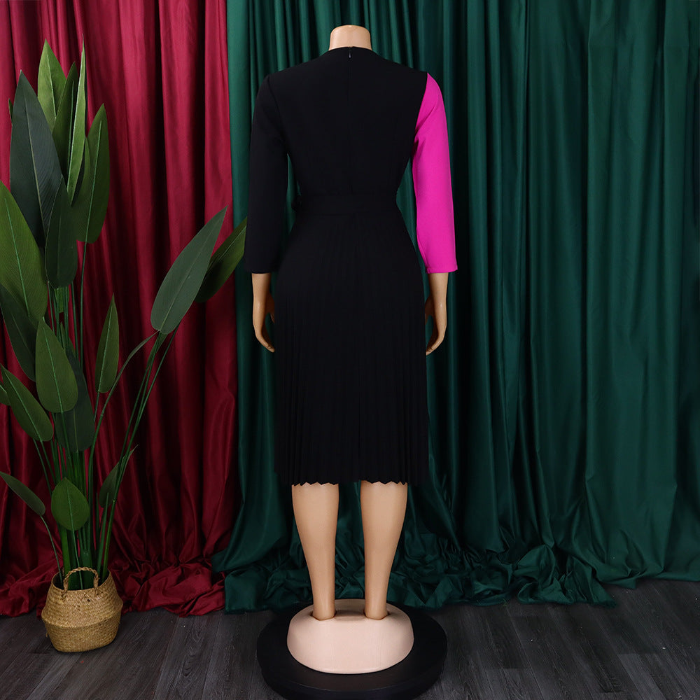 Africa Plus Size Women's Fashion Chic COLorblock Lace-Up Pleated Elegant Dress 21