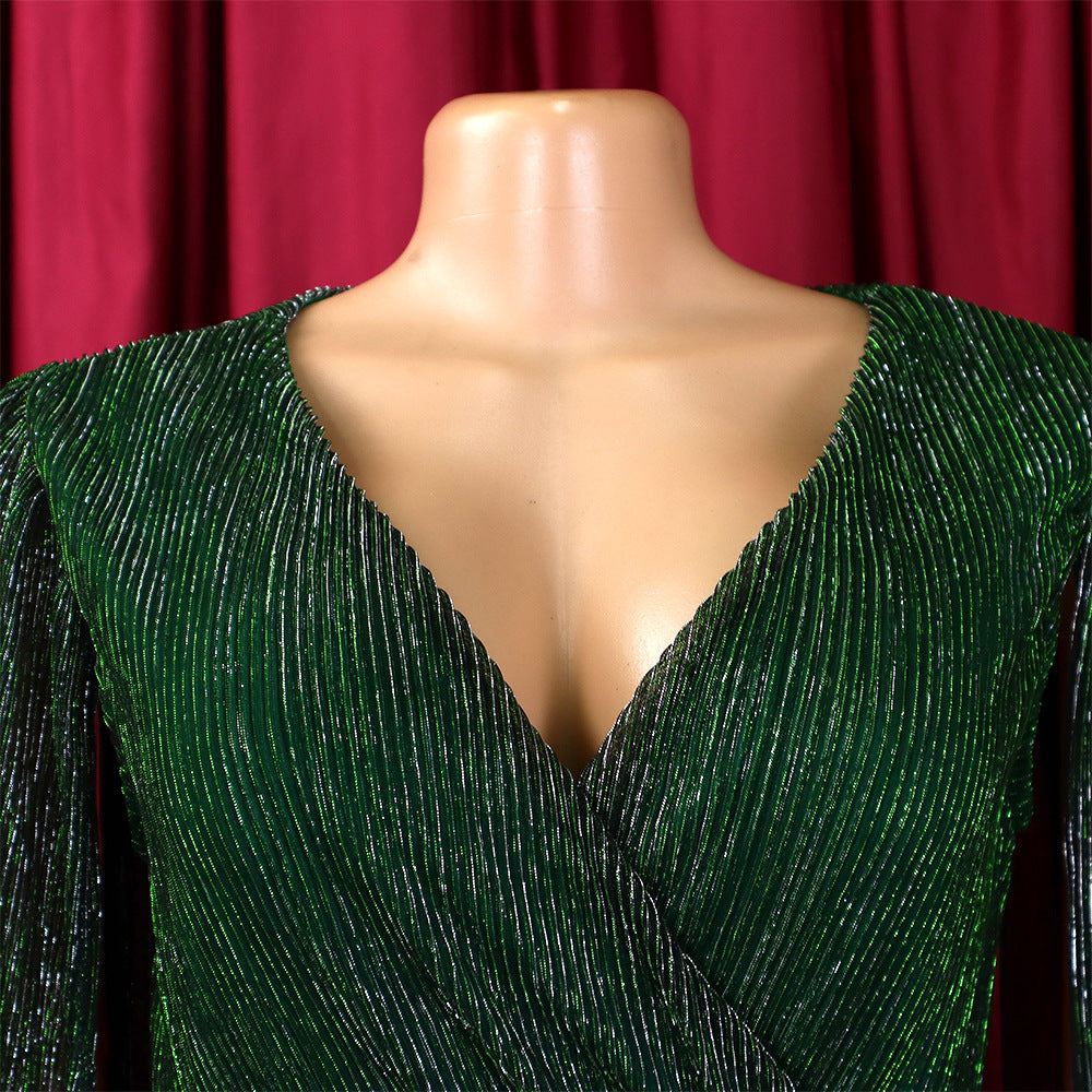 Belted V-Neck Chic Long Sleeve Cape Slim Waist Gown Dress 37