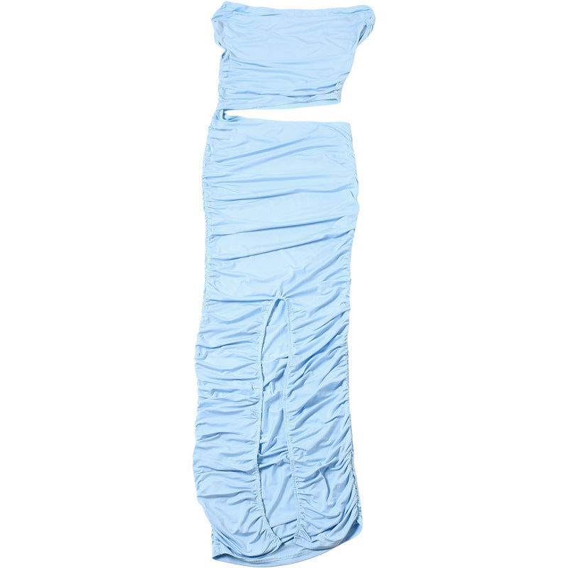 Women Spring Summer Solid Sexy Slash Shoulder Pleated Slit Dress 11