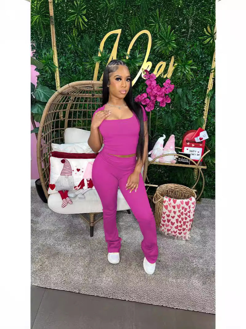 Women Summer Ribbed U-neck Short Sleeve Top and Pant Two-piece Set 9