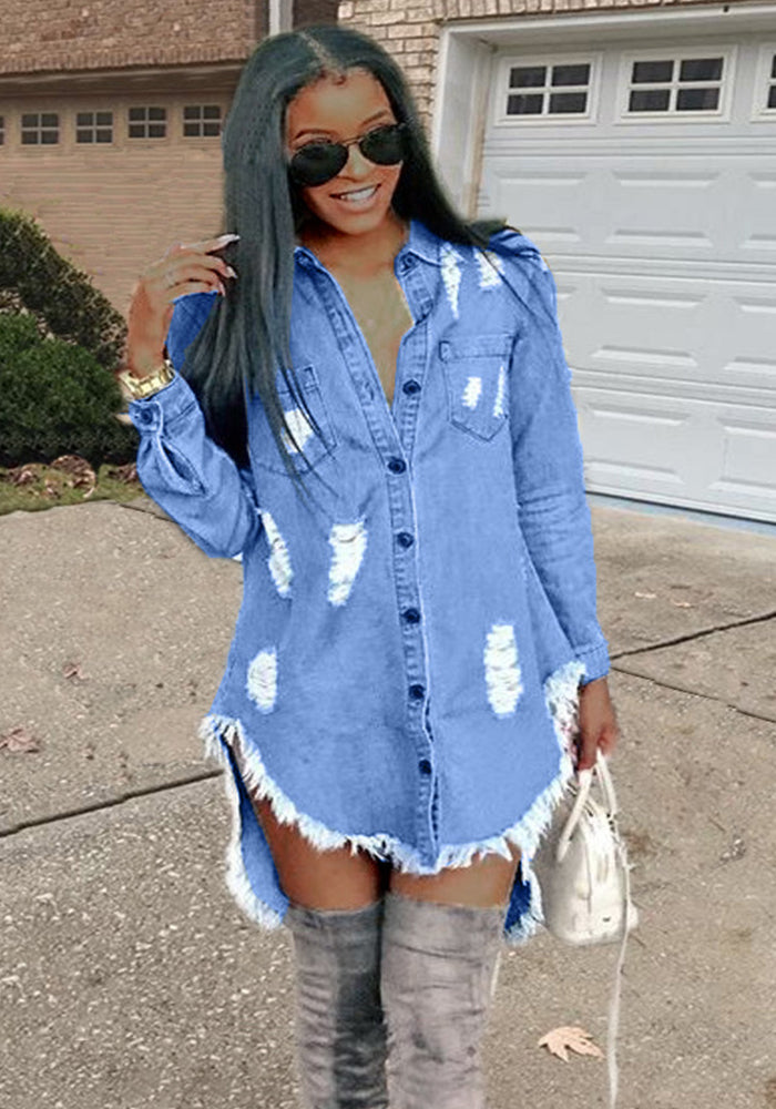 Trendy Ripped Fringe Denim Dress
