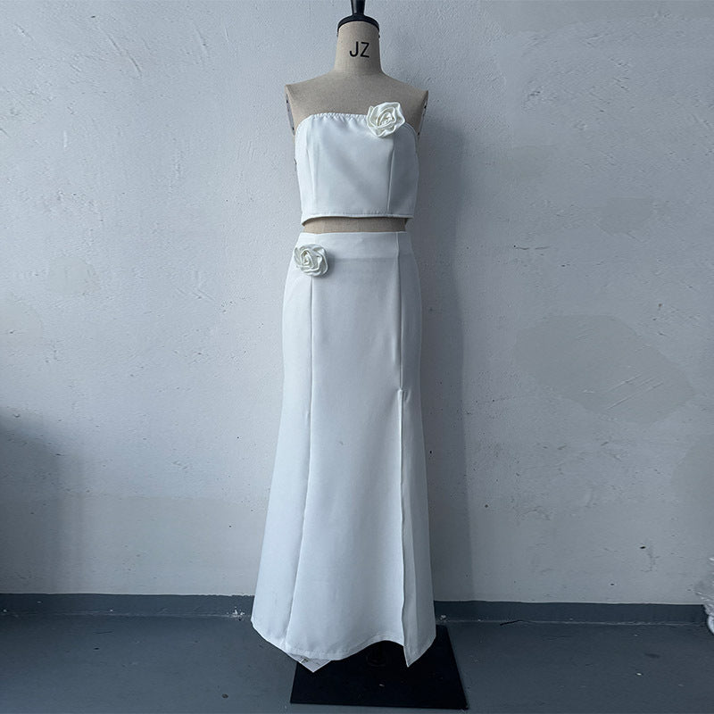 Summer Solid Color Strapless Tops Slit Long Skirts Fashion Two Piece Set 5