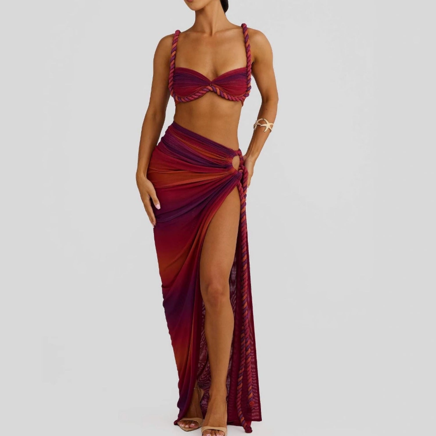 Summer Sexy Fashion Beach Braided Strap Top Slit Skirt Set 5