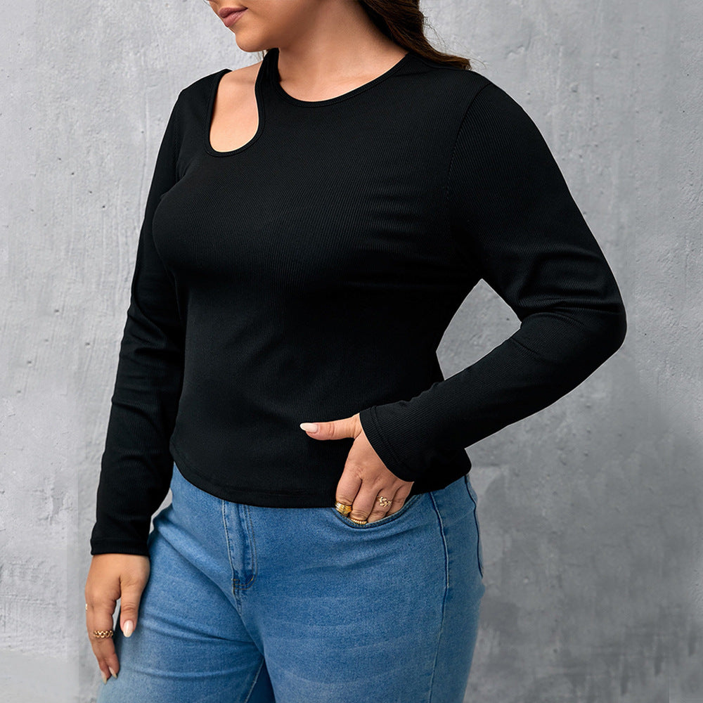 Plus Size Women's Black Ribbed Knitting Shirt Round Neck Long Sleeve Slim Fit Basics Hollow Top 5