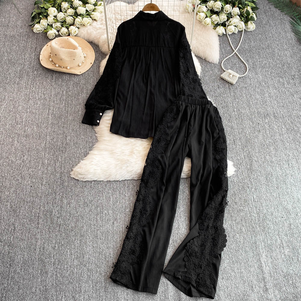 Women French Lace Patchwork Long Sleeve Shirt Wide Leg Pants Two Piece 8