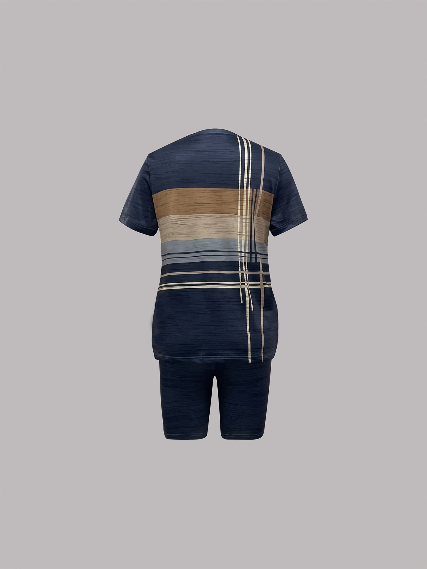 Women's Spring/Summer Geometric Stripe Round Neck T-Shirt & Tight-Fit Shorts Casual Set 39