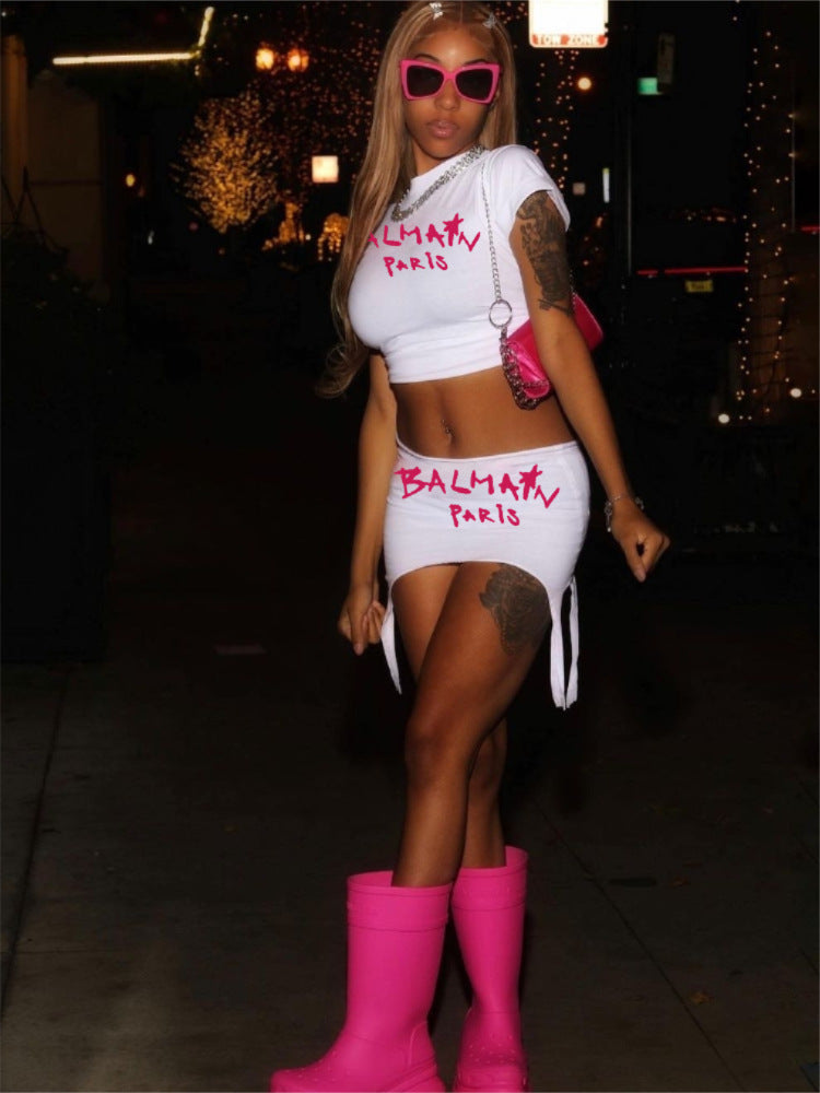 Ladies Fashion Summer Letter Print Round Neck Crop Short Sleeve Top Skirt Two-Piece Set