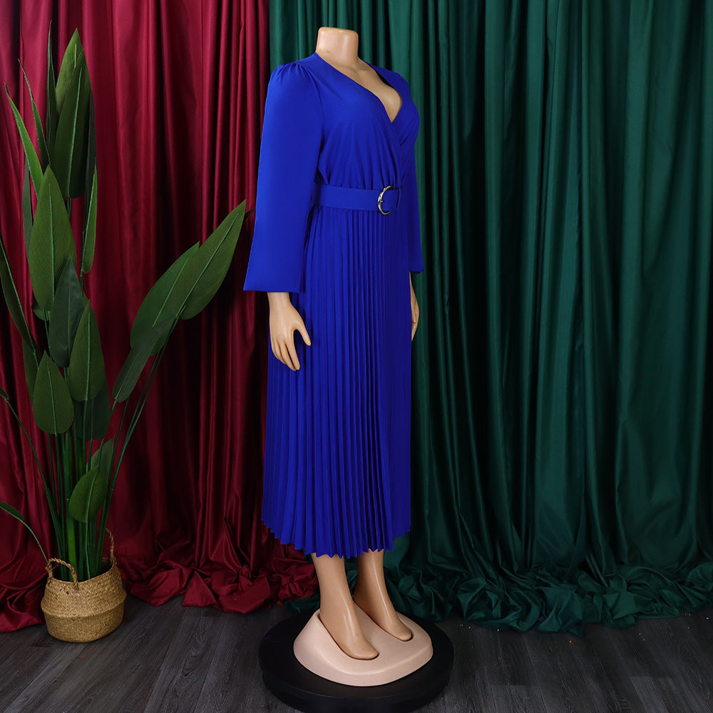 Plus Size Women Long Sleeve V-Neck Pleated Maxi Dress 19