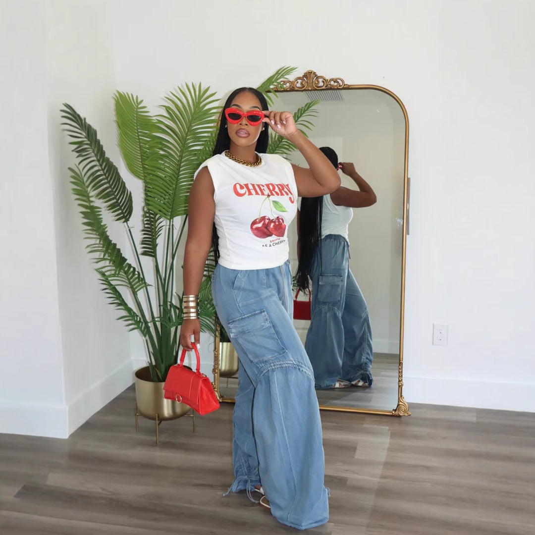 High Street Trendy Drawstring Pleated Loose Denim Pants 6