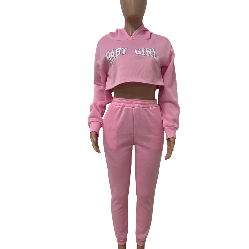 Women Solid Sports Letter Hoodies and Sweatpants Two Piece Set 9