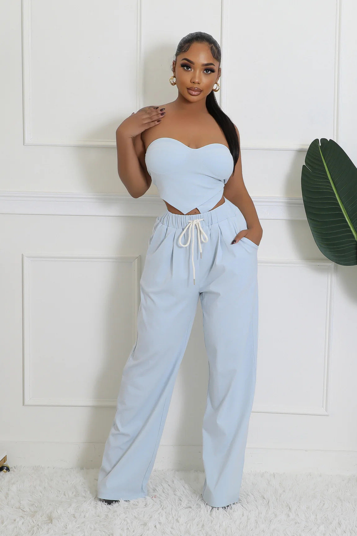 Women heart-shaped Strapless Top and Casual trousers two-piece set 3