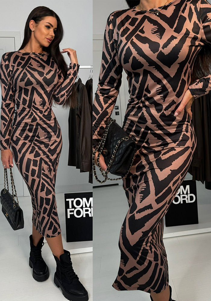 Women Sexy Round Neck Printed Slit Maxi Dress