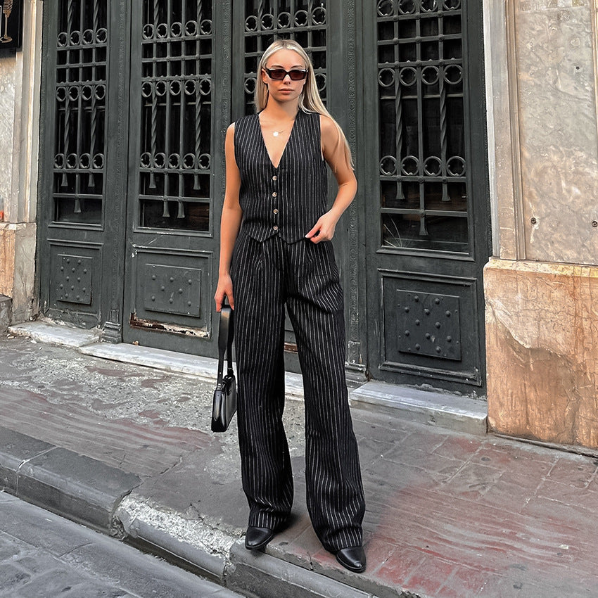 Summer Black And White Striped Chic Career Sleeveless Vest Pants Fashion Two-Piece Set