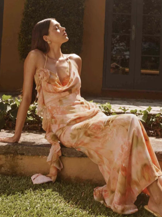 Women Spring Summer Sexy Print Halter Neck Lace-up Mesh V Neck Dress 6