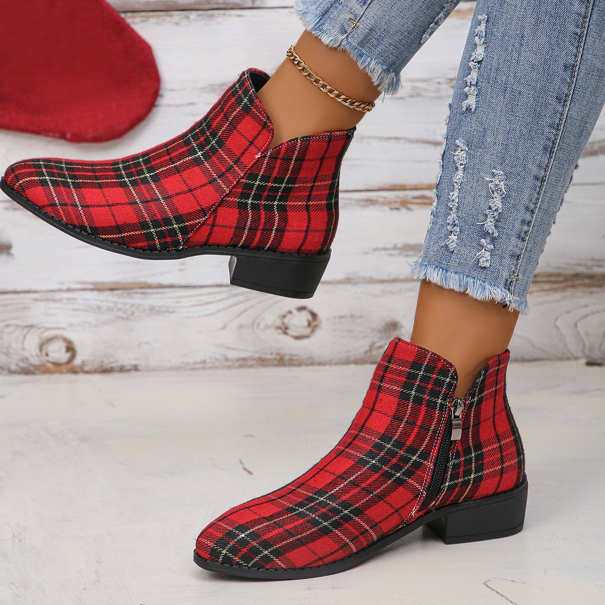 Women Vintage Red Plaid Fashion Boots 4