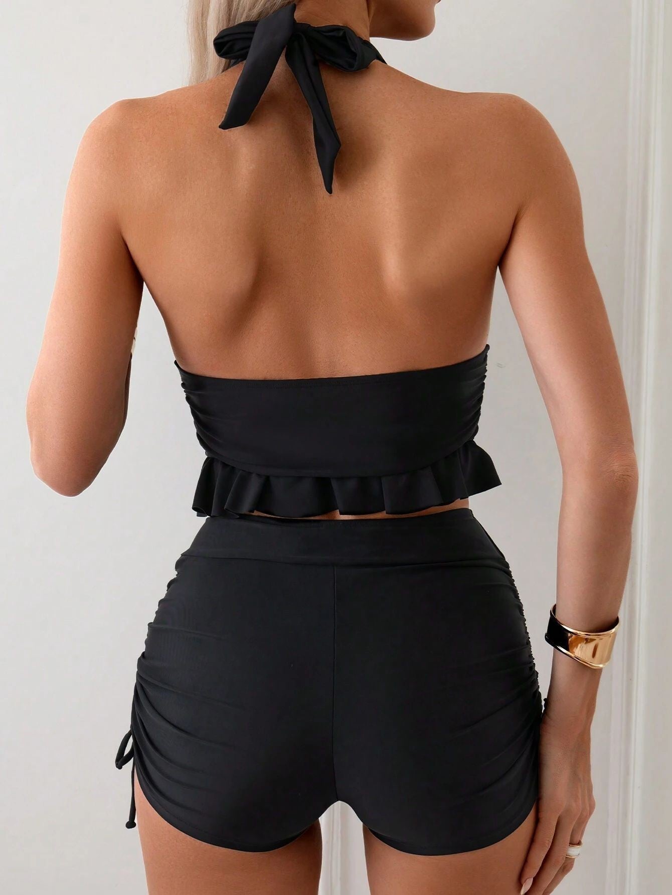 women black pleated sexy halter low back two-piece swimsuit 4