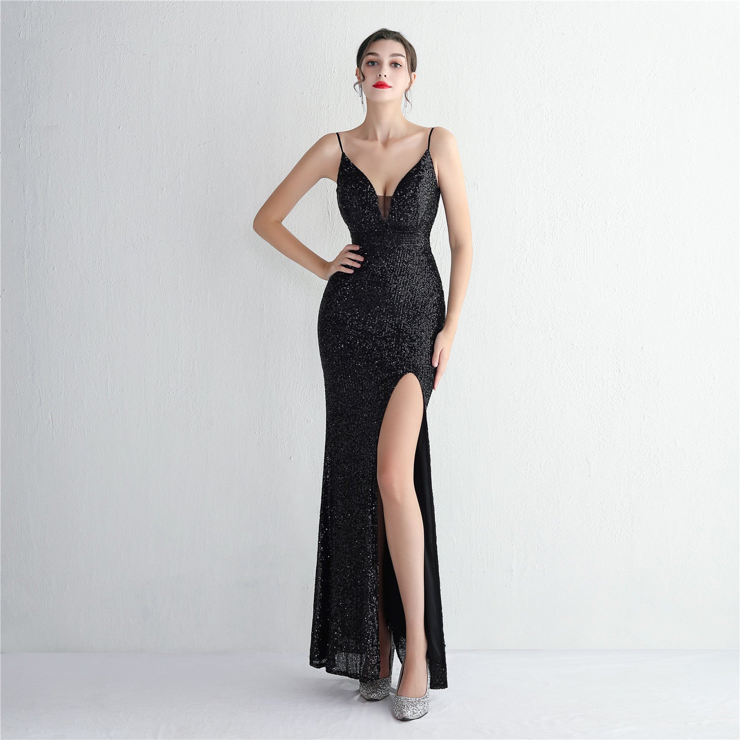 WomenElegant Sequins V Neck Backless SlitEvening Dress 7