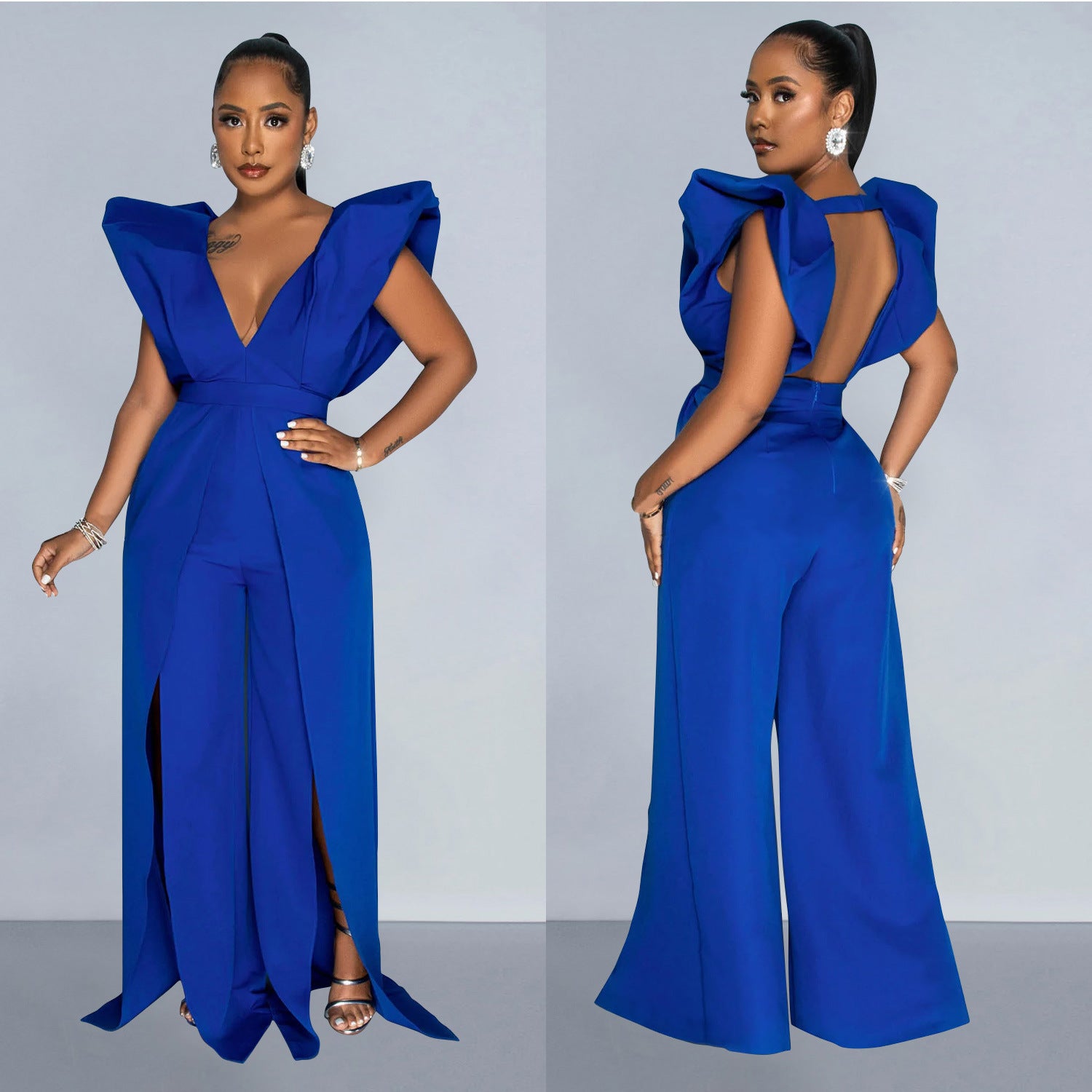 Women Solid Sexy V Neck Pleated Jumpsuit 5