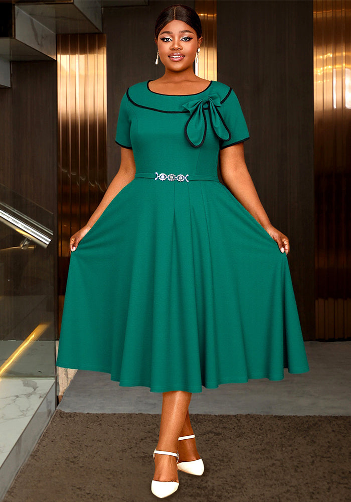 Plus-Size Women Turndown Collar Bow Contrast Short-Sleeved Belted Dress