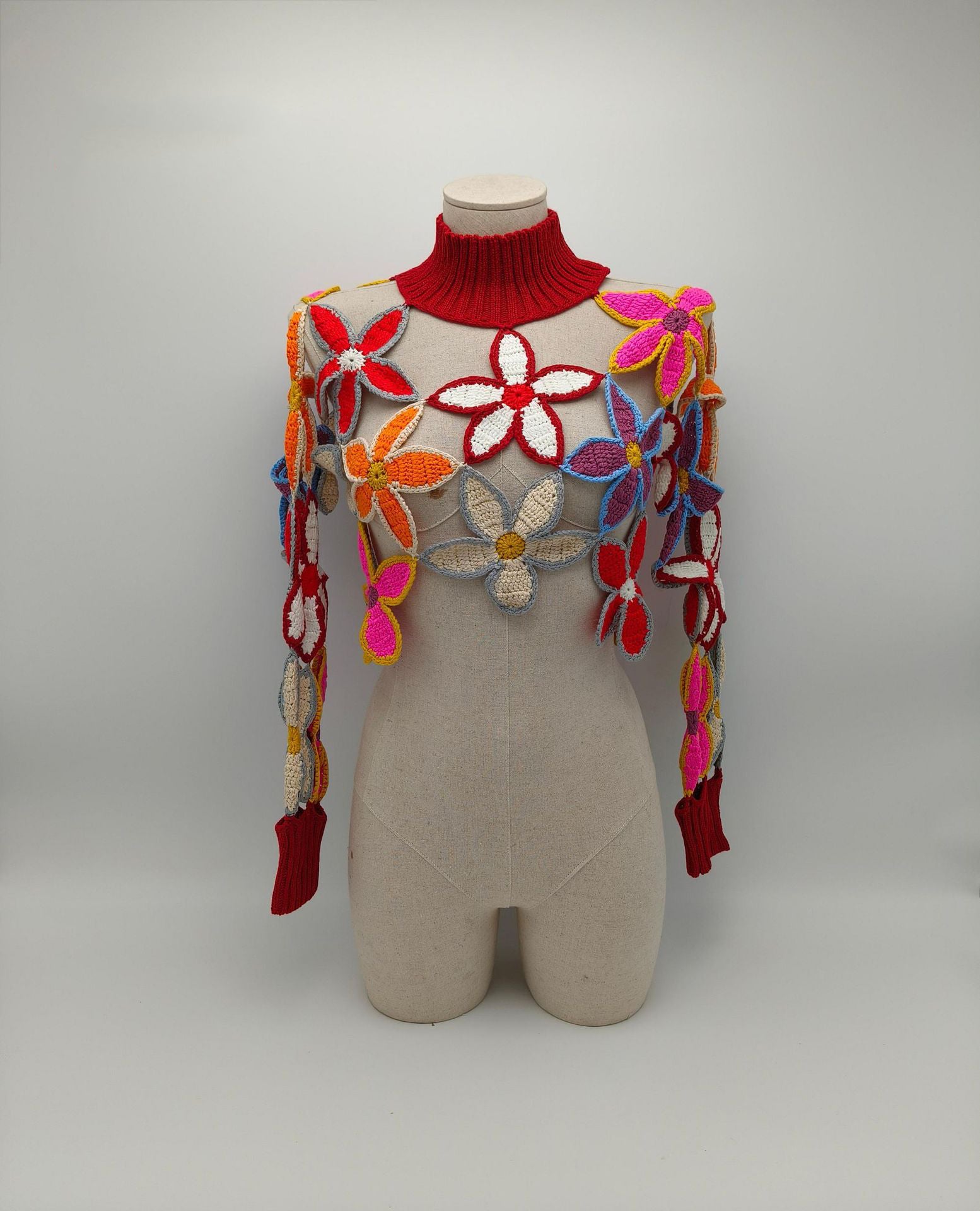 Women High Neck Hollow Flower Patchwork Long Sleeve Top