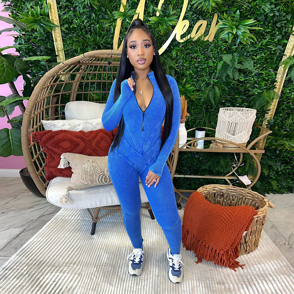 Women's Ribbed Printed Sexy V-Neck Tight Fitting Zipper Jumpsuit 5