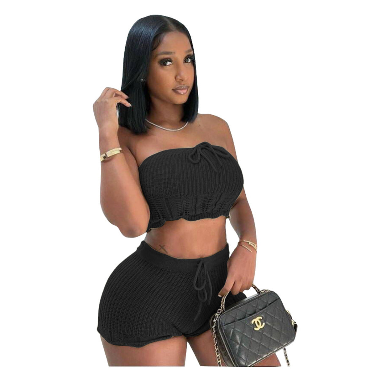 Women Casual Knitting Strapless Tube Top and Shorts Two-Piece Set 10
