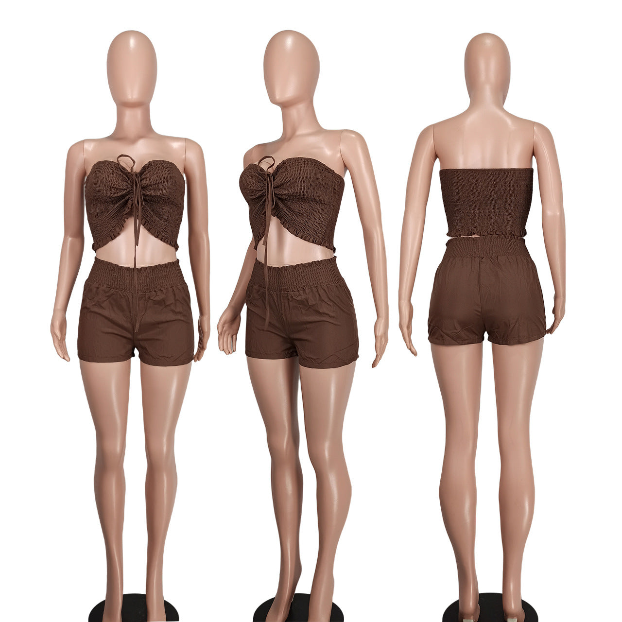 Women Sexy Off Shoulder Drawstring Crop Top and Shorts Two-Piece Set 19