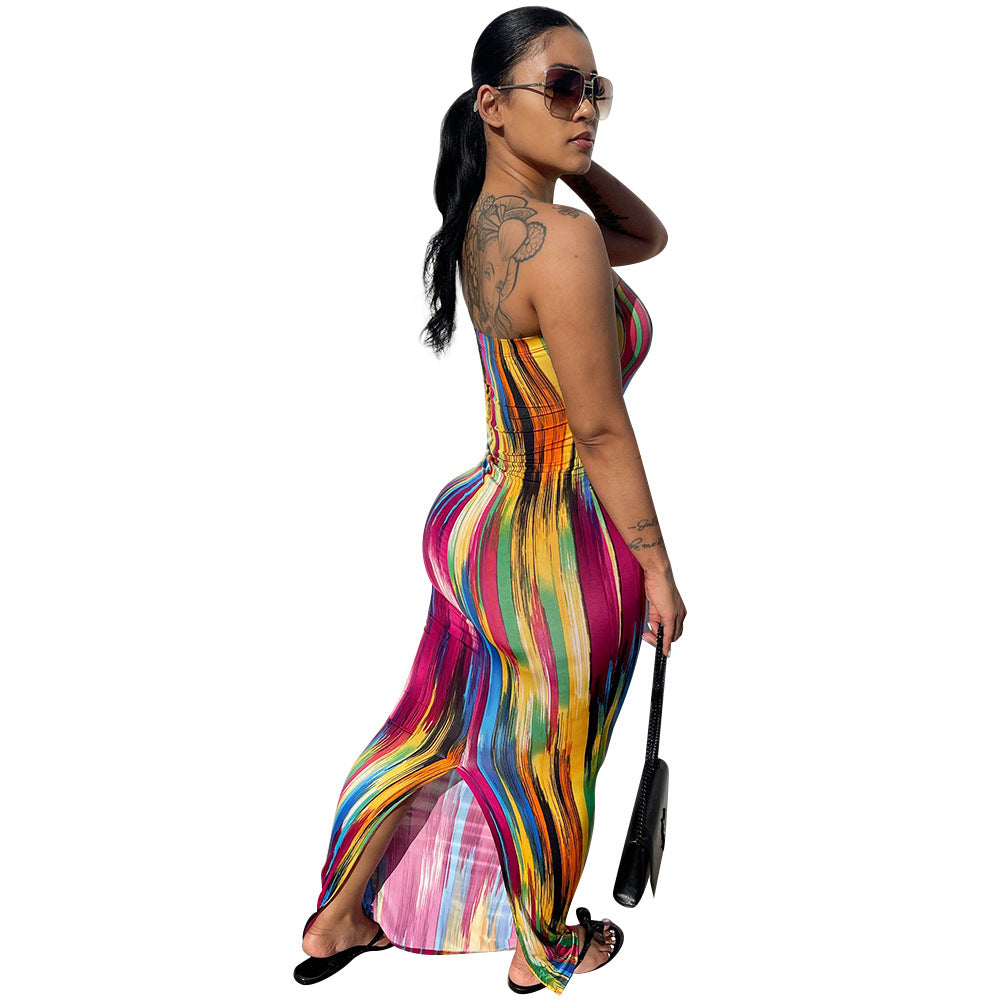 Women Summer Sexy Off Shoulder Strapless Striped Printed Slit Dress 5