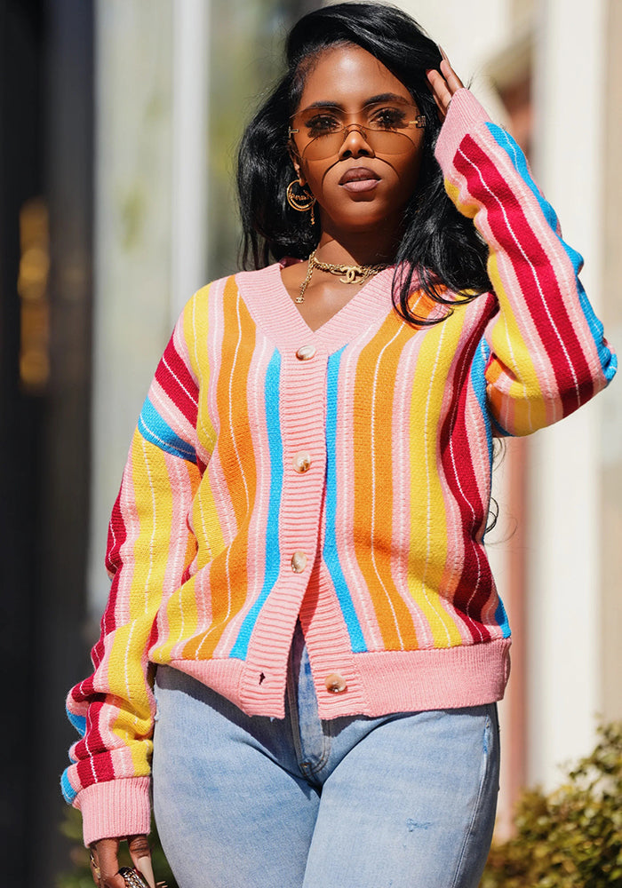 Women autumn casual striped contrast color sweater knitting cardigan long-sleeved top