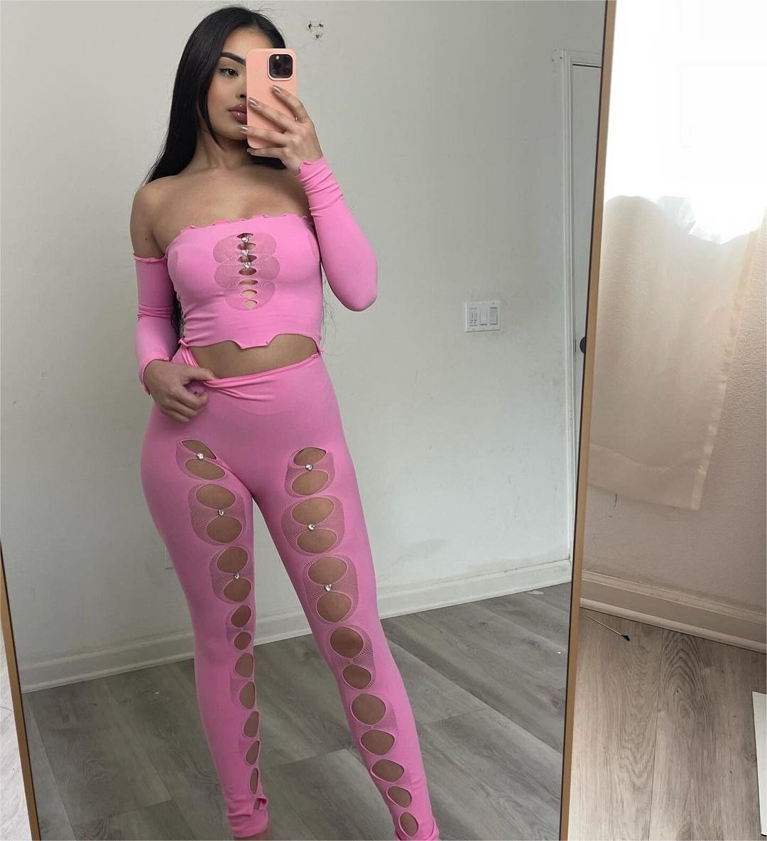 Summer Plus Size Women Hollow Sexy Solid Off Shoulder Crop Top and Pant Two Piece Set 7